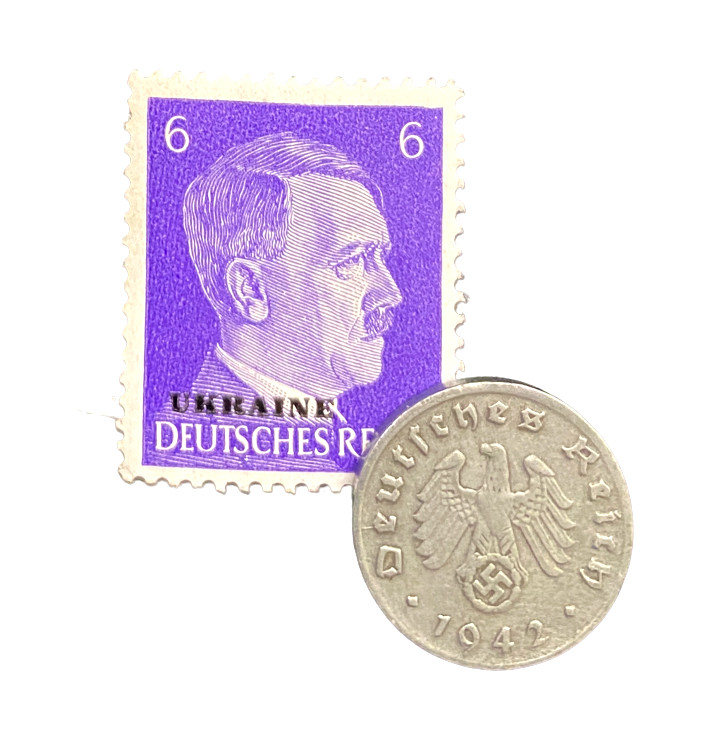 WWII Germany 1 Rp Zinc Coin & 6 Rp Stamp MNH – Overprint UKRAINE, Historic Set