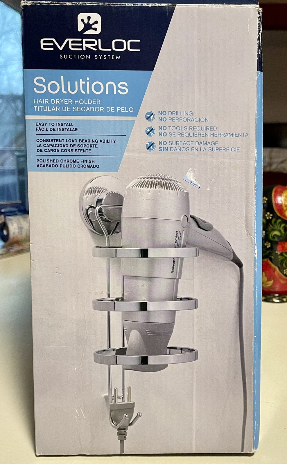 Everloc Suction System Easy To Install Chrome Finish Bathroom Hair Dryer Holder