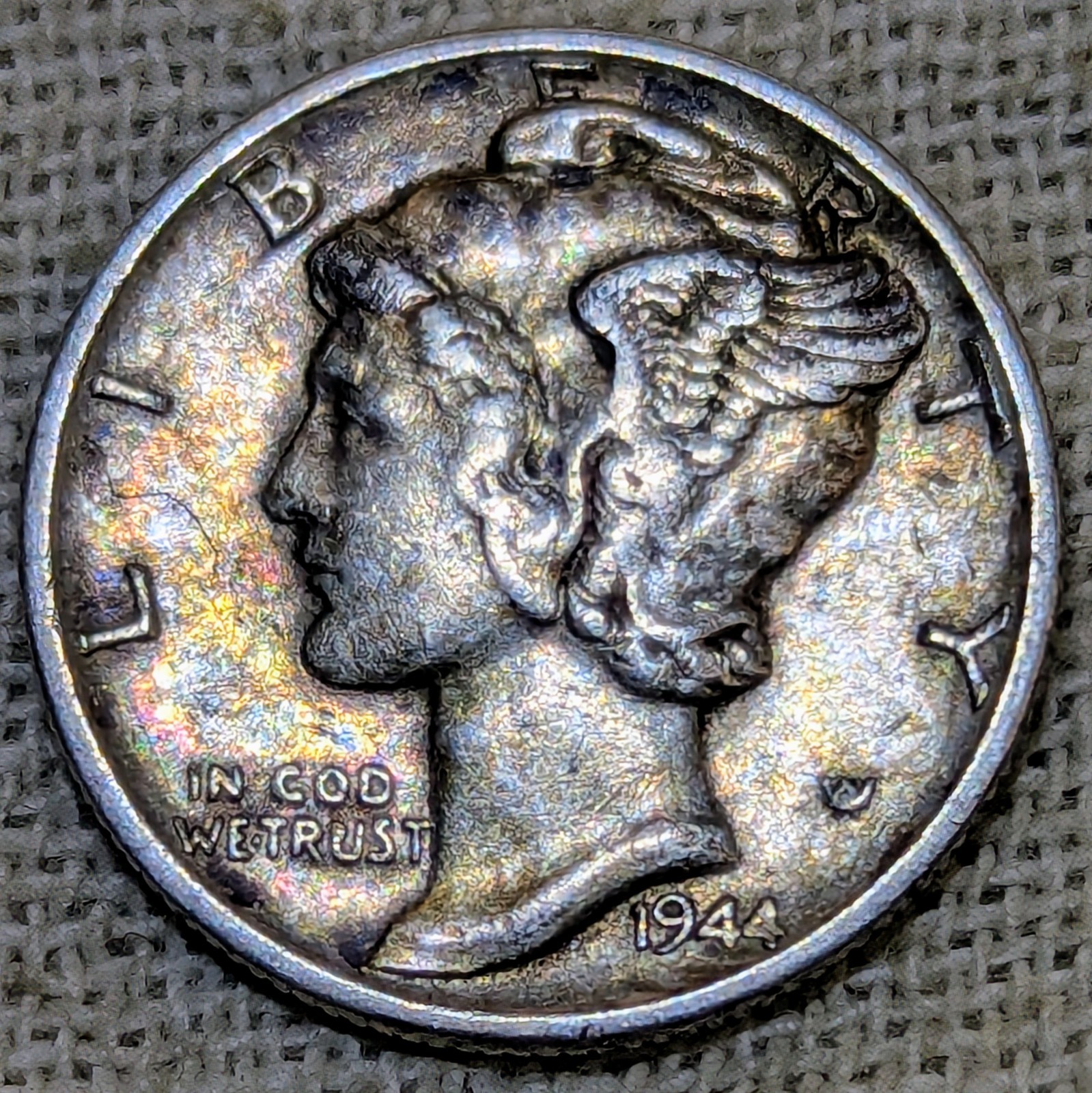 1944 S Mercury Dime XF/AU : Rainbow Tone, San Francisco Mint - .9 Fine Silver