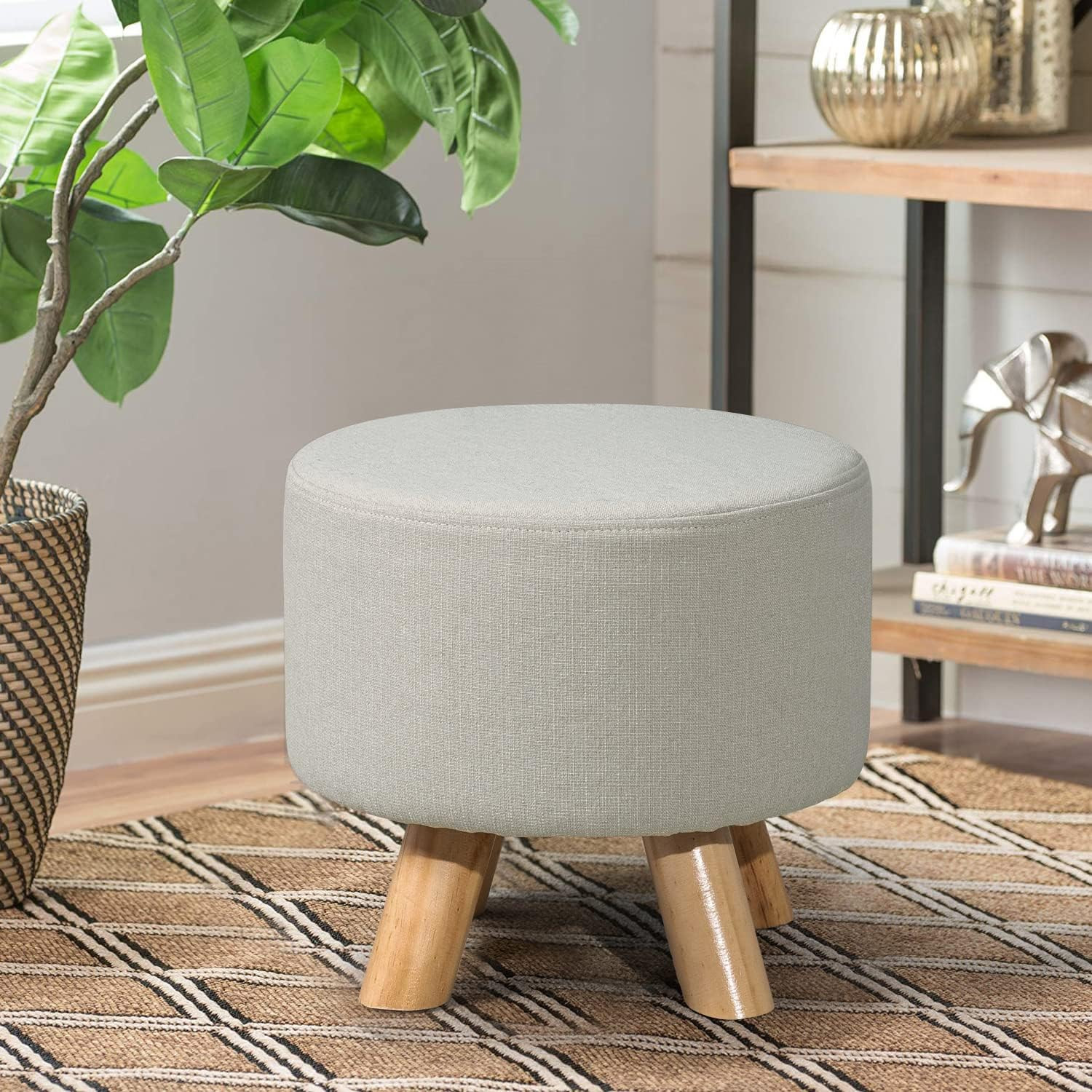 Small round Ottoman Foot Rest Stool Fabric Padded Seat Footstool Ottoman with Wo