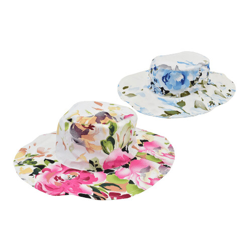 Ladies Cotton Flower Print Wide Brim Sun Hat 57cm