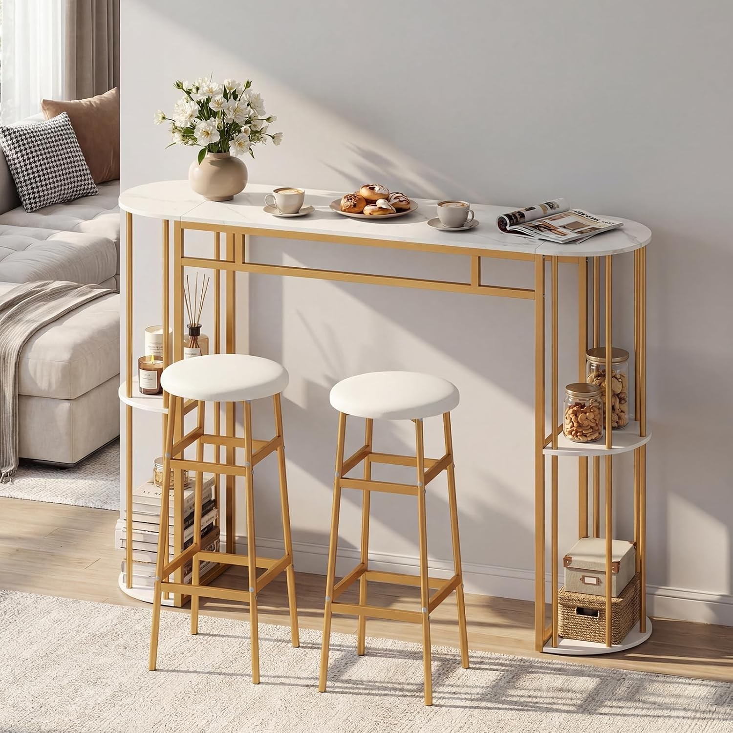 Bar Table Set for 2 with Storage Shelves, 60" Dining Table & 2 Upholstered