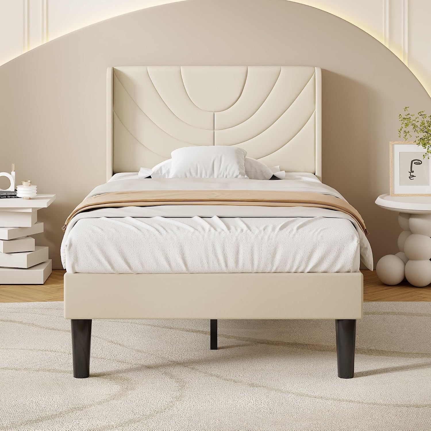 Twin Size Bed Frame Upholstered Platform with Wave Fabric Headboard/Wooden