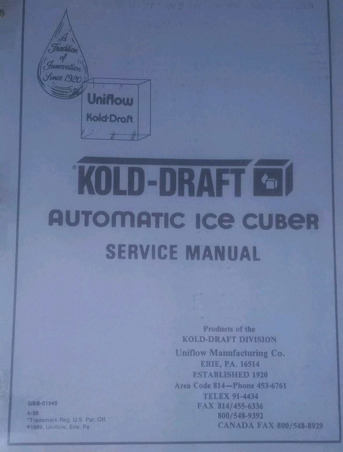 VTG Kold-Draft Uniflow GB & GT Electronic Ice Cuber Service Manual Geniune OEM