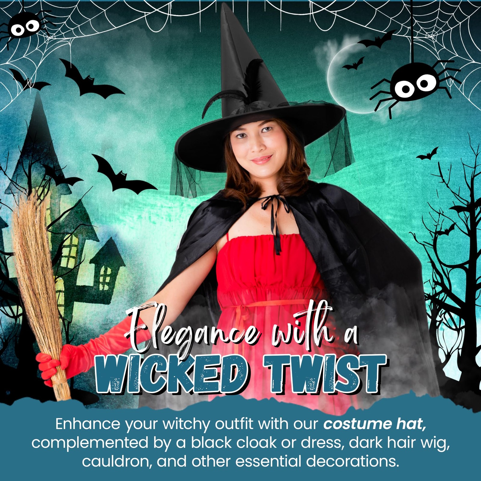 Halloween Witch Hat for Women - Black Witch Hat with Feathers and Black Lace