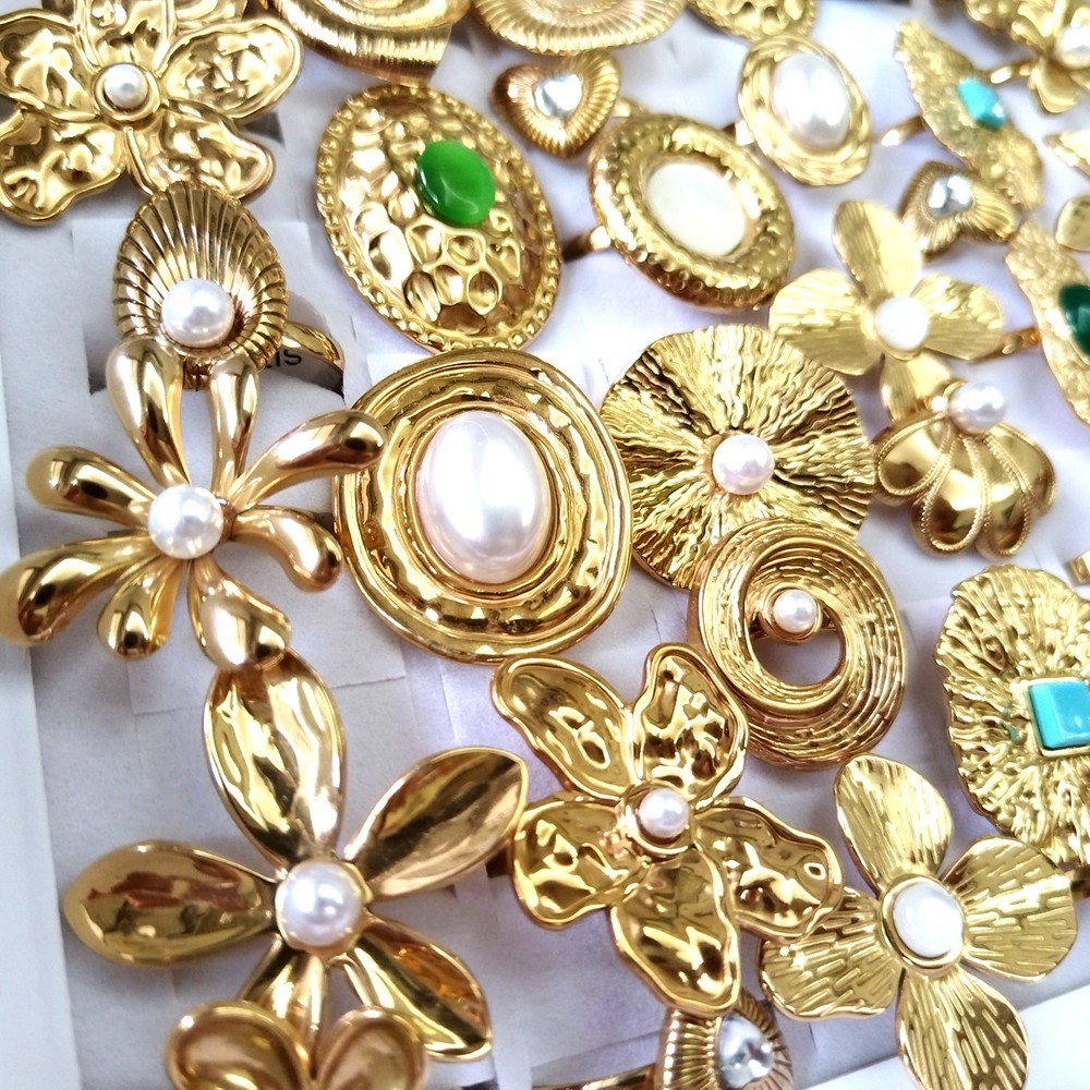Wholesale 20pcs  Stainless Steel Mix Pearl Flower Gold Women's Ring Jewelry