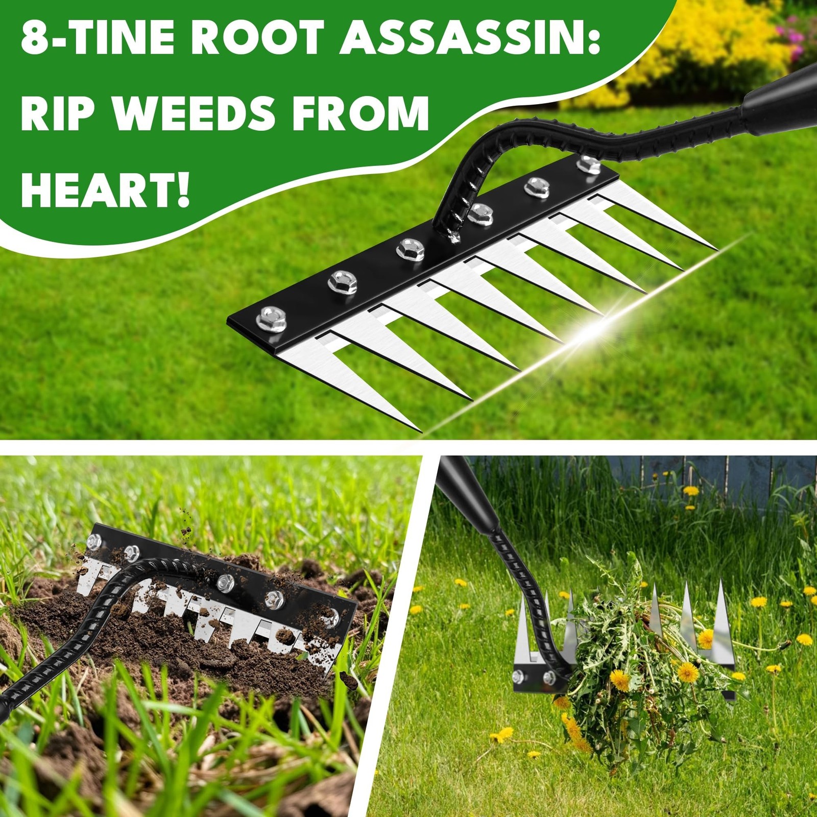 Iron Weeding Rake with Handle 2.0, Upgraded 8 Teeths Garden Weed Puller Tool ...