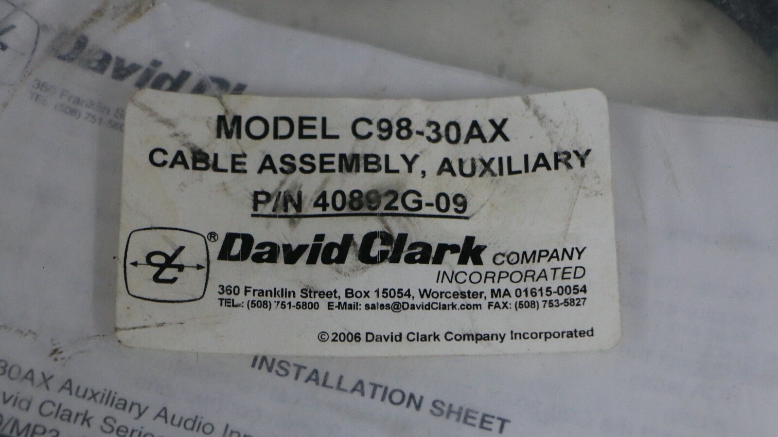 # 40892G-09 David Clark Model C98-30AX Auxiliary Cable Assembly