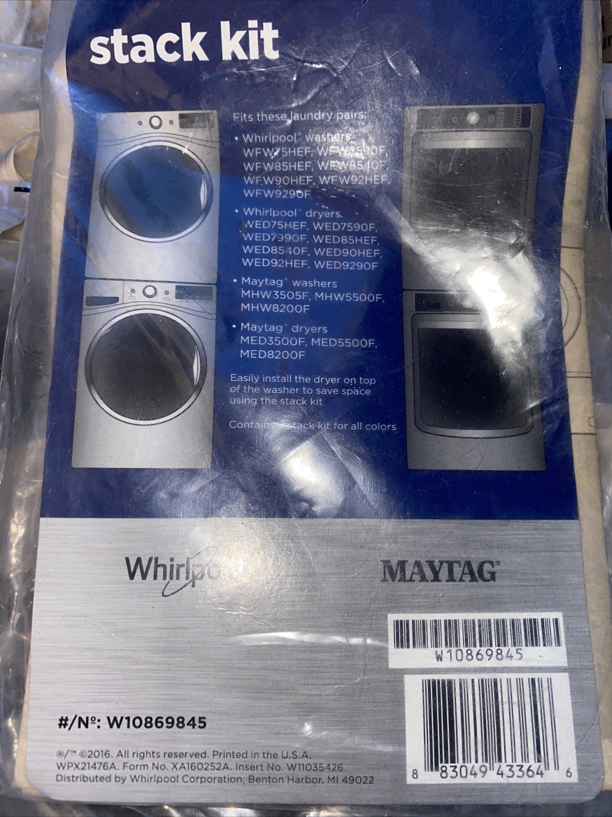 NEW GENUINE WHIRLPOOL/ MAYTAG W10869845 FRONT LOAD WASHER/ DRYER STACK KIT