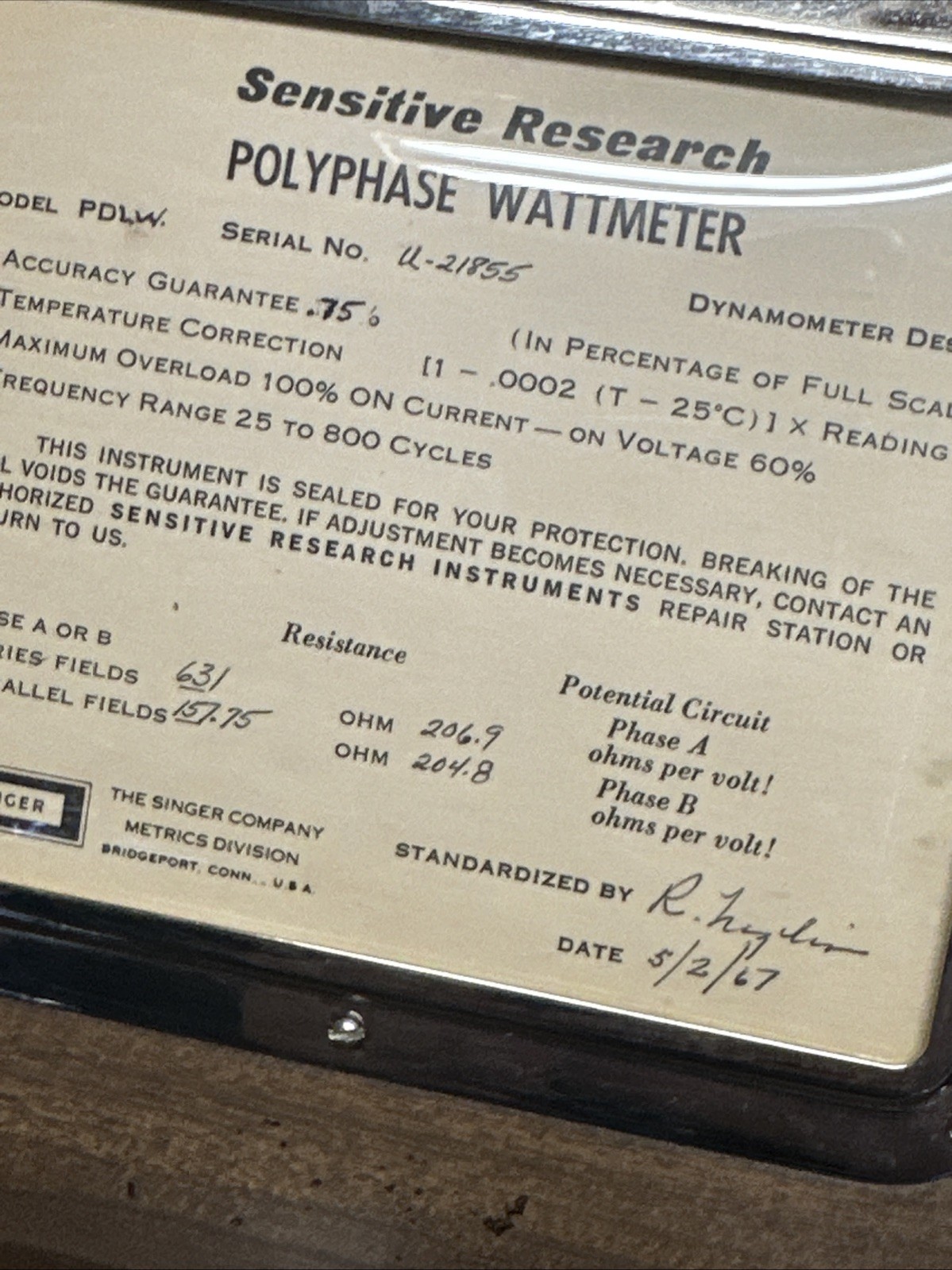 VINTAGE SENSITIVE RESEARCH SINGLE PHASE WATTMETER PDLW Nice !!