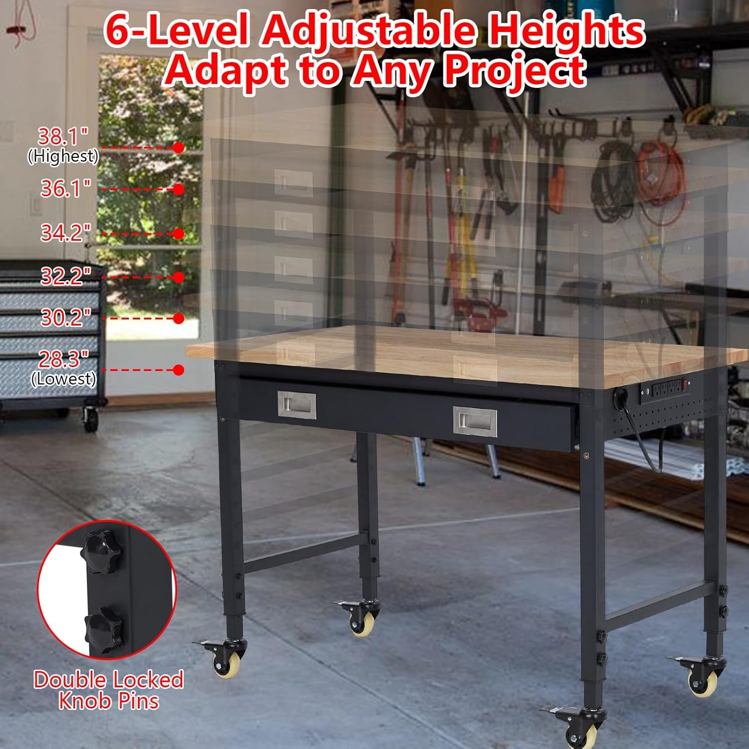 Adjustable Workbench 60''x22''with Power Outlets, Lights, Storage Drawer,Rolling