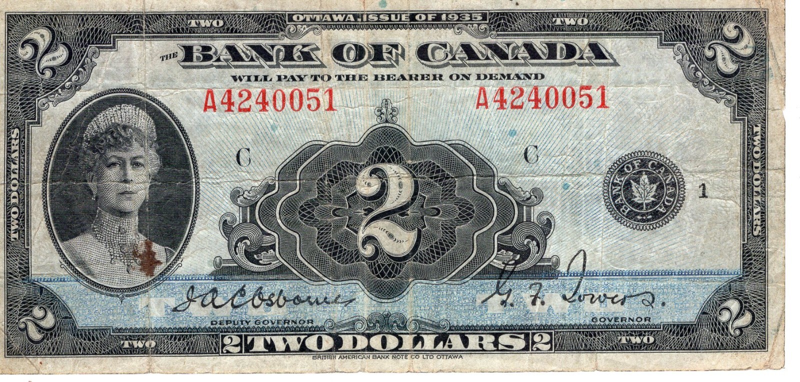 1935 Bank of Canada $2 Two Dollars Osborne-Towers Check Number C Fine+ Banknote