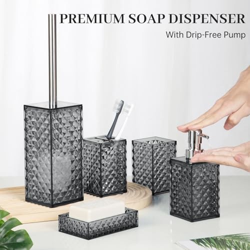 Bathroom Accessory Set, Grid Pattern 5 Pcs Plastic Bathroom Set 5 Pack Grey