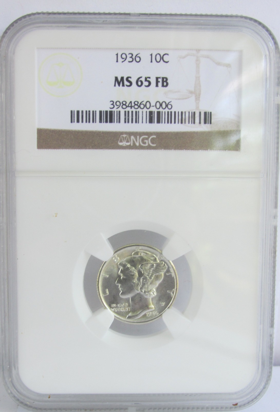 1936 Mercury Dime NGC MS 65 FB Certified Full Bands Silver Coin