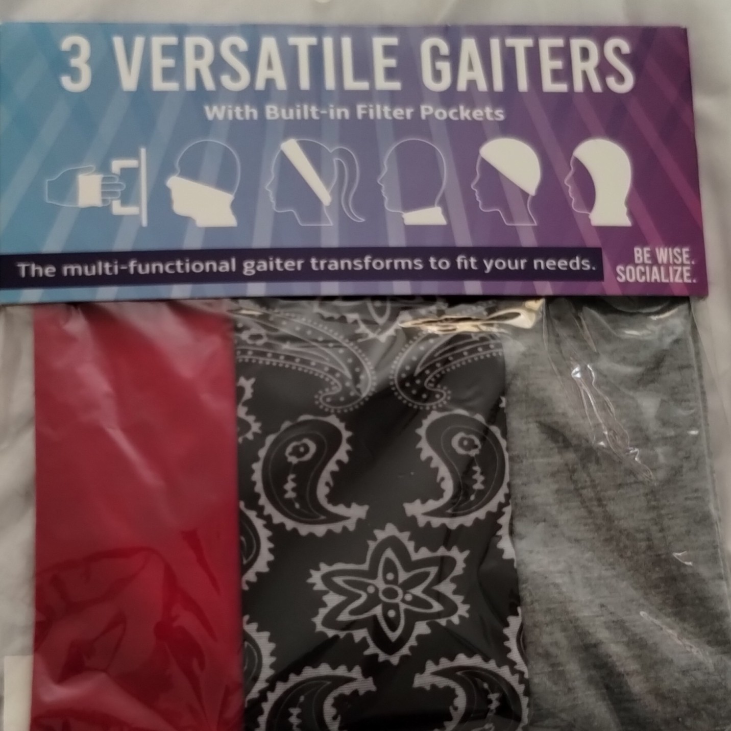 3 Polyester Gaiters with Filter Pockets, Red Black Gray, Washable