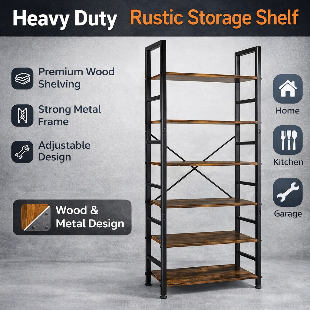 6 Tier Metal Storage Shelving Unit Rustic Wood Heavy Duty Home Organizer Rack