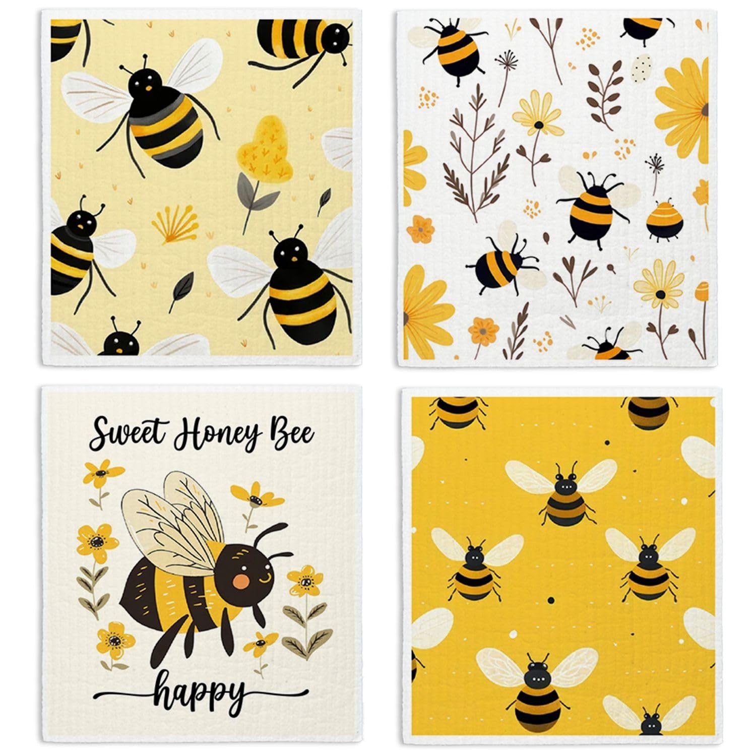 Bee Flower Yellow Swedish Dishcloths for Kitchen, Swedish Dish Cloths for Bee...