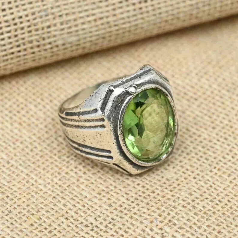 Solid 925 Sterling Silver Peridot Gemstone Ring Men's Beautiful Ring Al Size S13