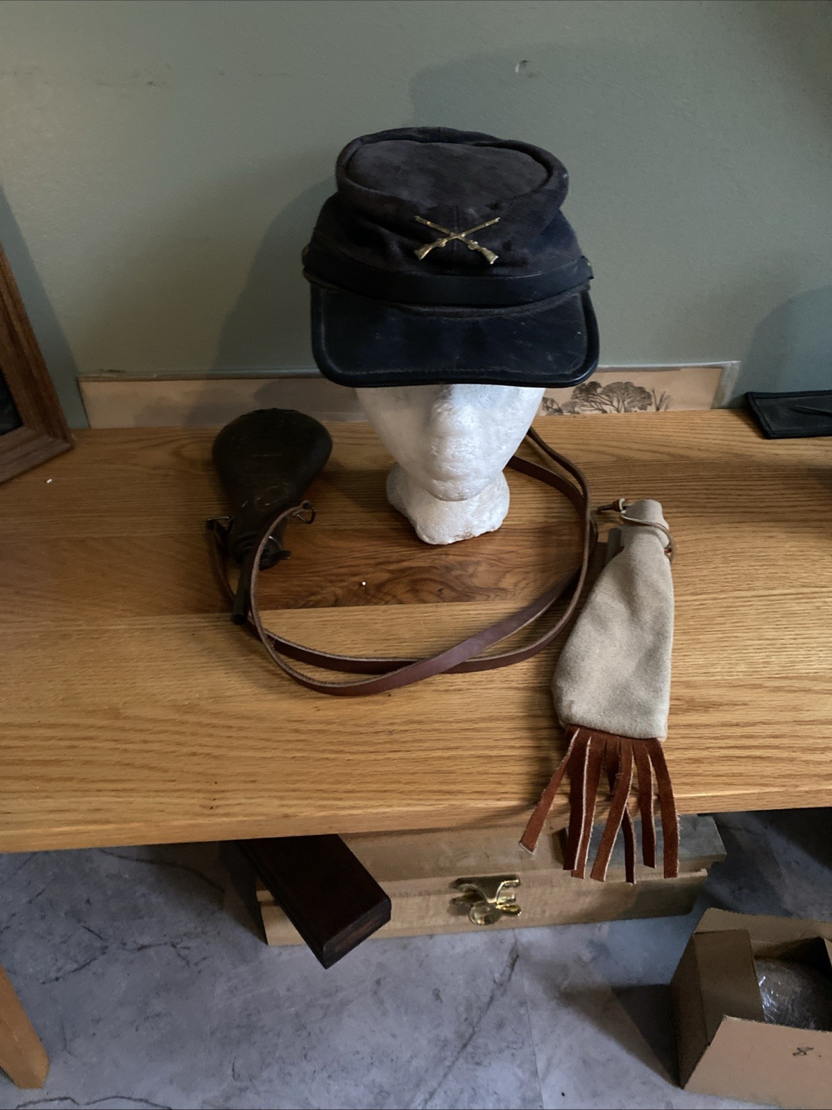 Kepi Hat Leather Rendezvous Possibles Bag  & Brass Peace Flask Reproduction Lot