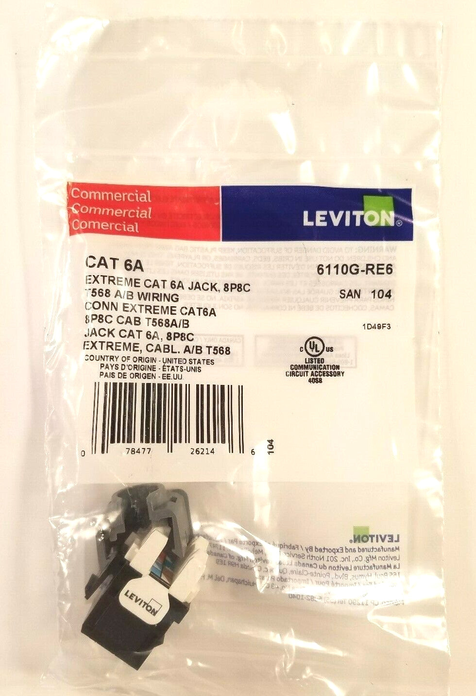6110G-RE6 Cat 6A Leviton 10G eXtreme QuickPort 110 Jack, Channel-Rated, Black