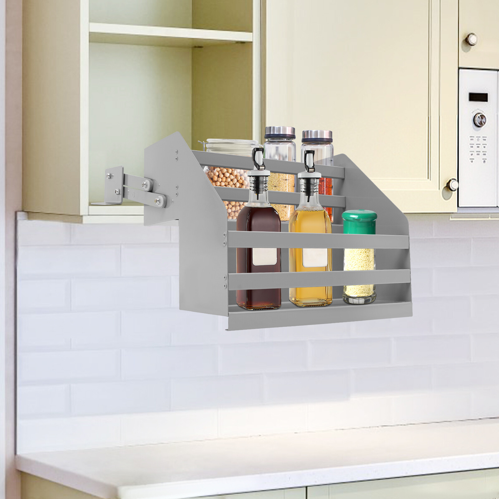 Pull Down Shelf Cabinet Organizer 2 Tier Upper Kitchen Cabinet Storage L-Shape