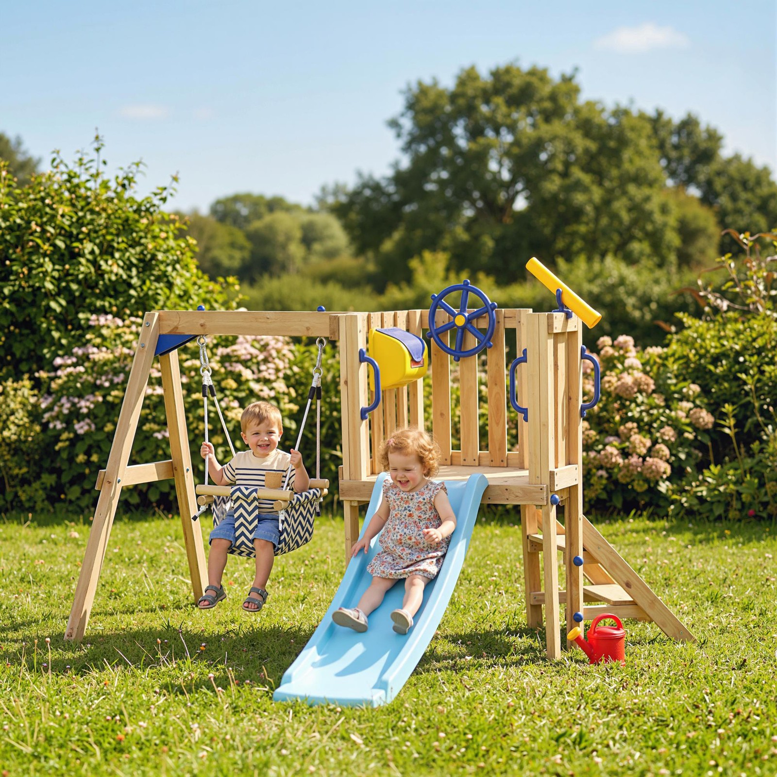 Outsunny Wooden Swing Set with Slide, Baby Swing Seat, Fort for 1.5-4 Years