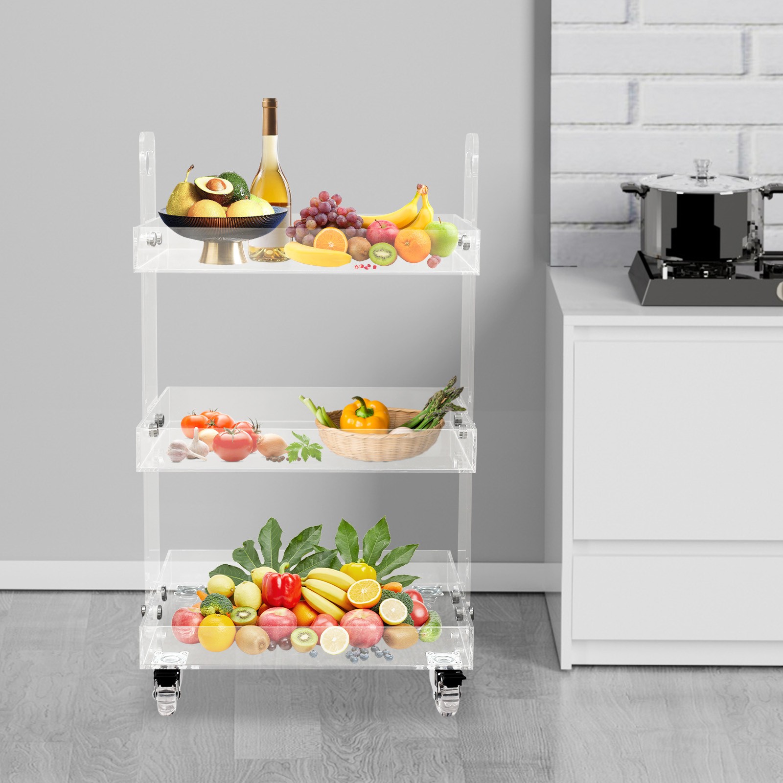 3-tier Acrylic Rolling Cart Modern Utility Trolley Clear Side Table With Handle