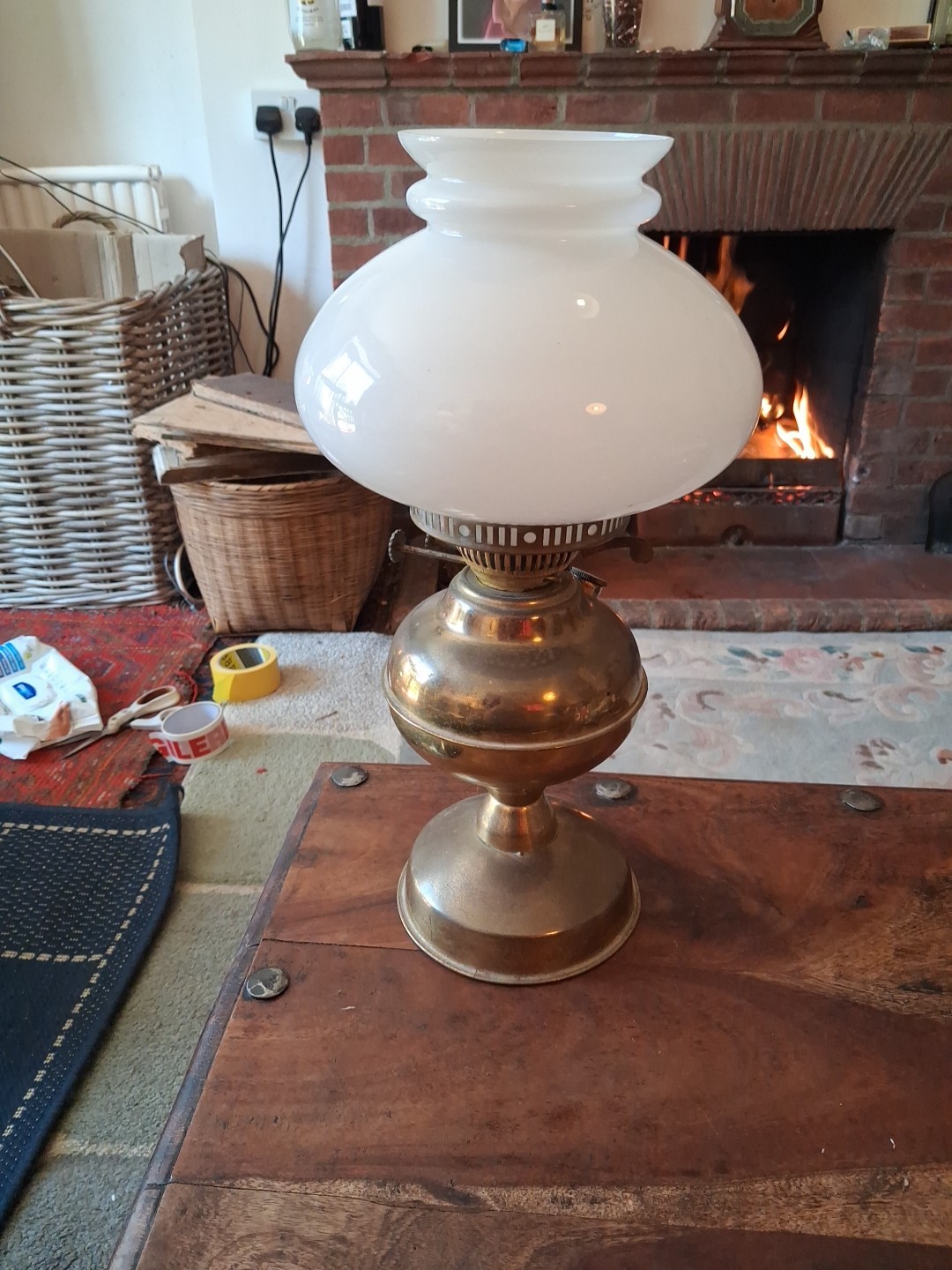 Vintage Double Wick Oil Lamp, With Milk Glass Shade 16 Inches