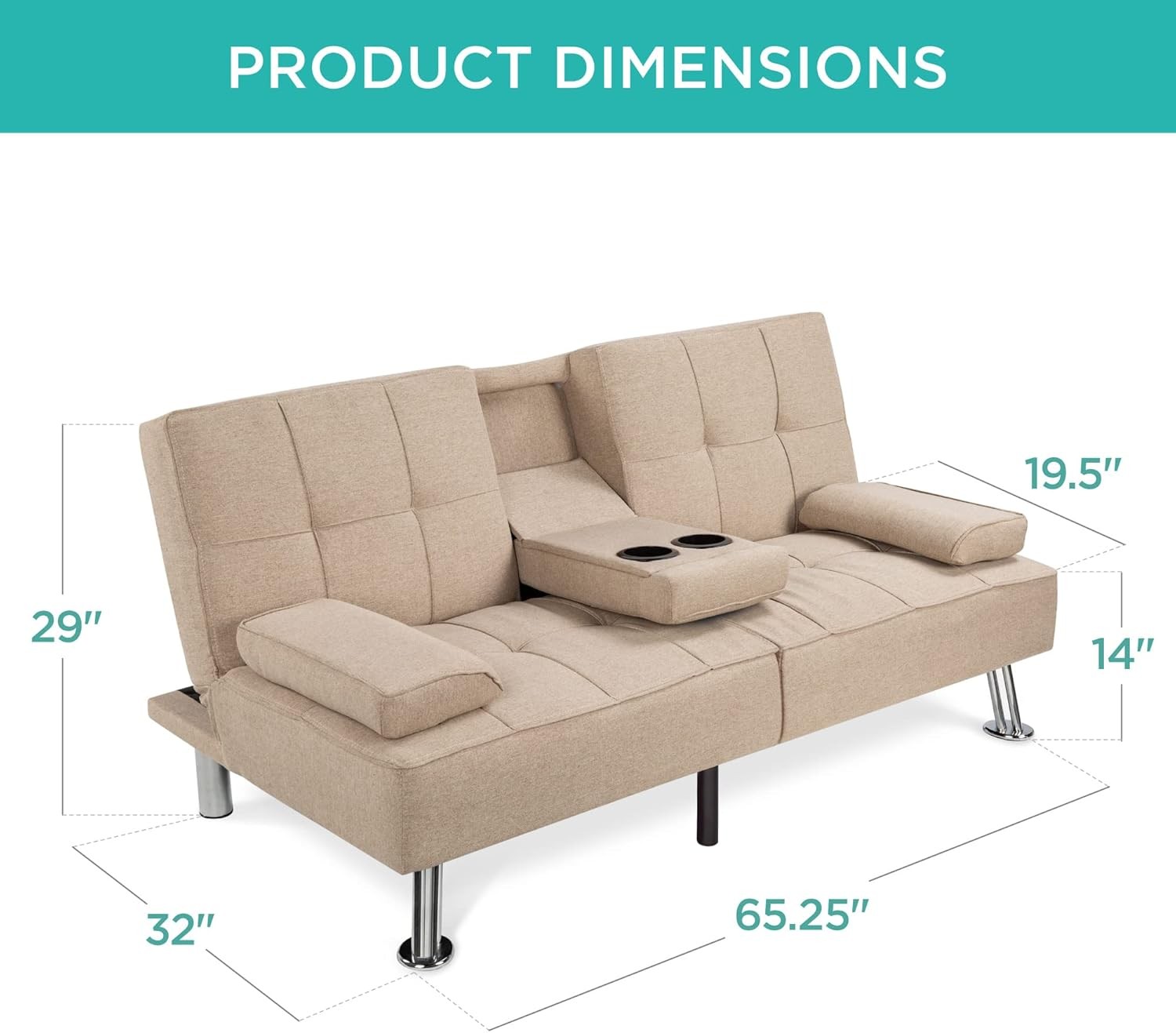 Linen Modern Folding Futon Reclining Sofa Bed Removable Armrests 2 Cupholders