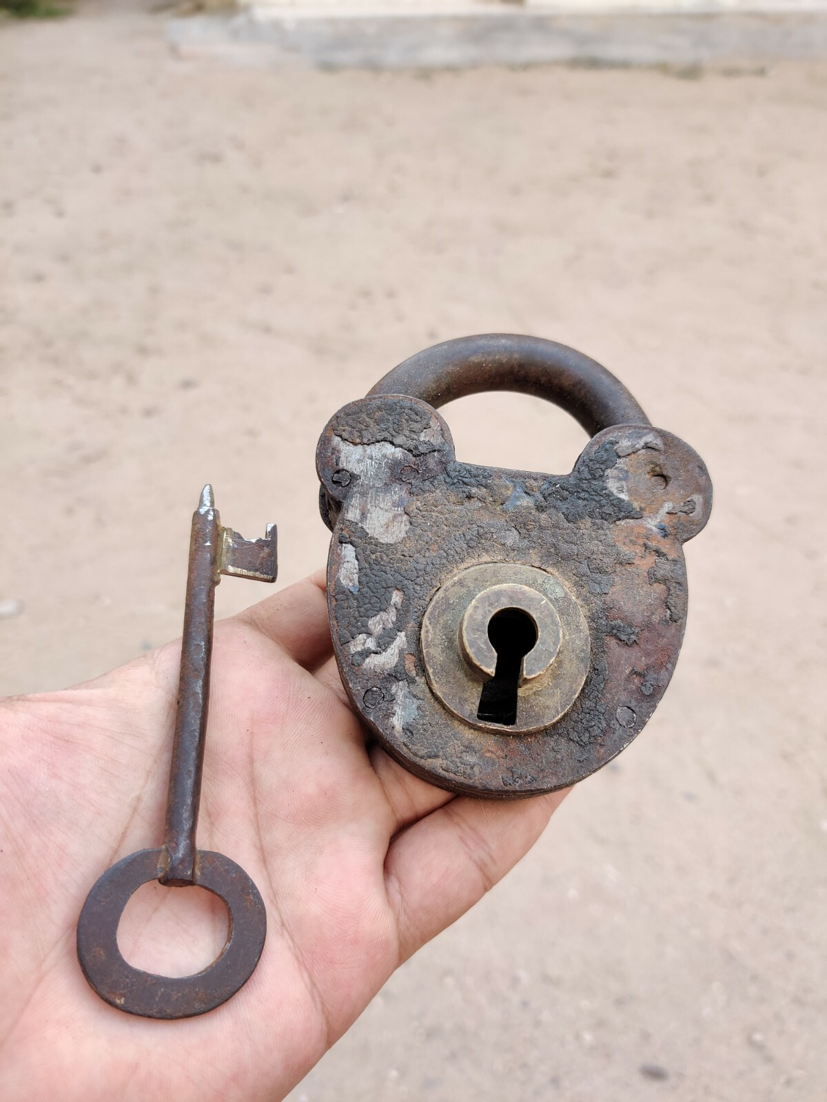 1950s Vintage Unique Shape Iron Padlock Brass Keyhole Unique Shape Key PD141