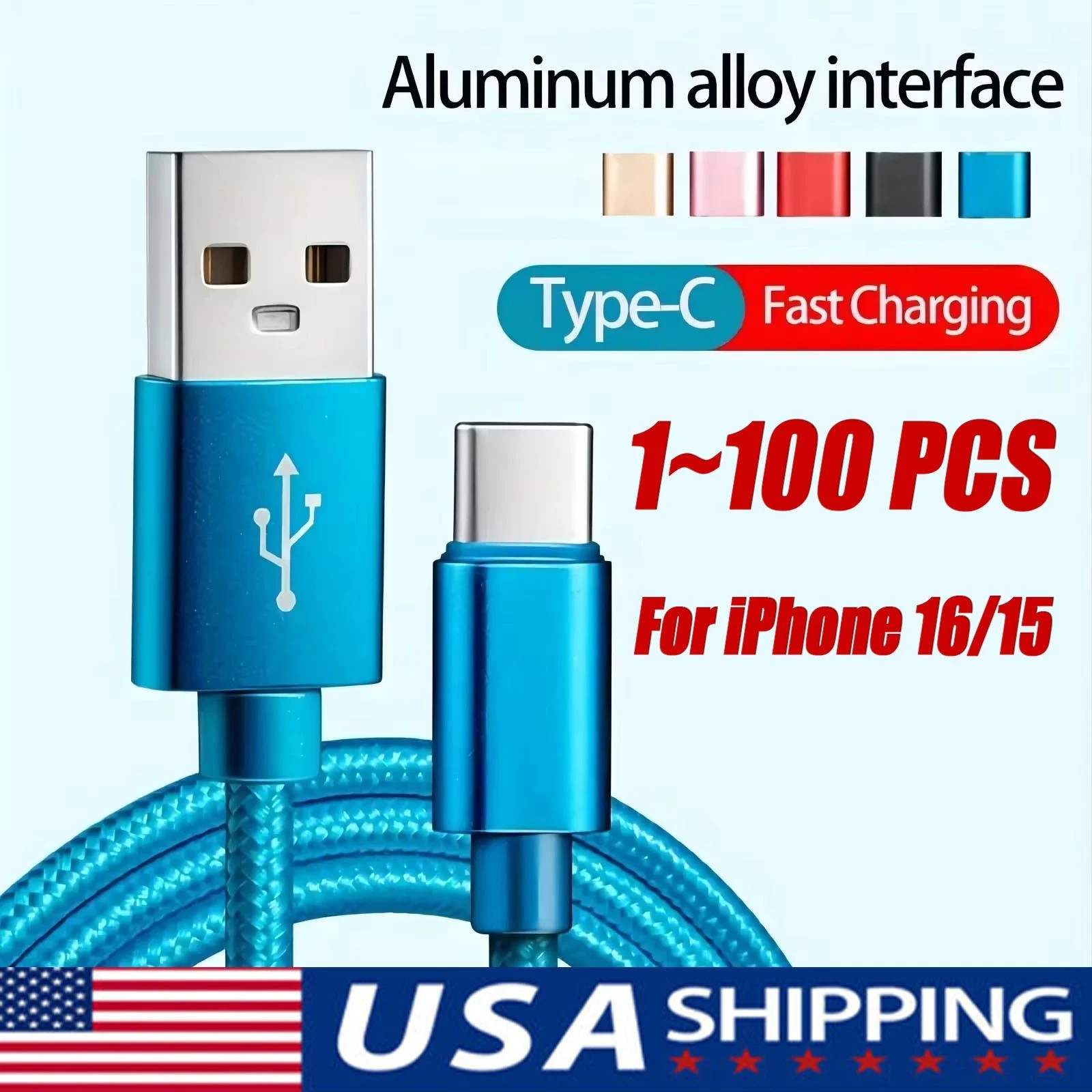3ft/1M Braided USB Type-C USB-C to USB-A Fast Charge Cable Charging Cord Blue