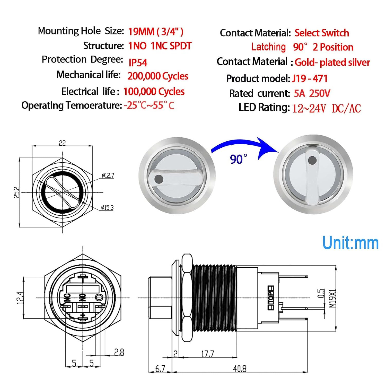 UL Listed 3 Position Rotary Switch 19Mm 12V-24V DC/AC, Latching Selection