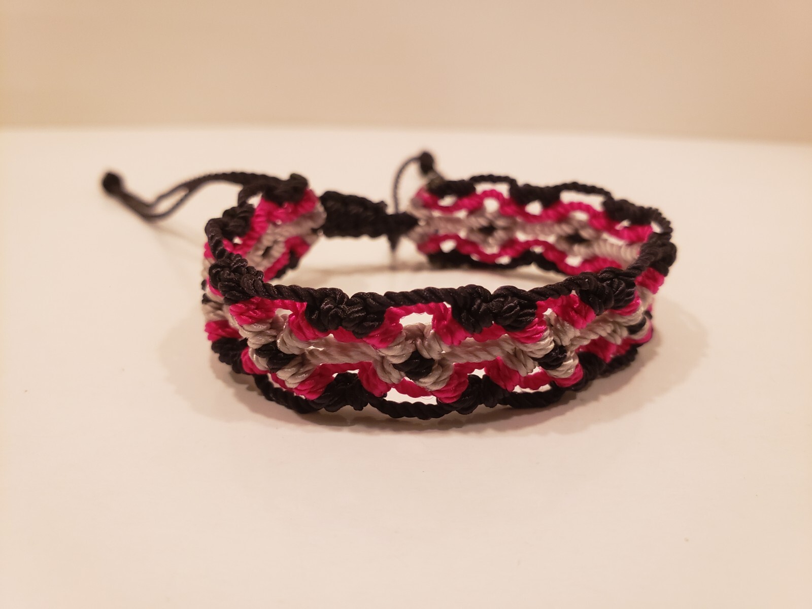 Hand Made String Bracelet Universal/Adjustable Size Black, Dark Pink, Silver