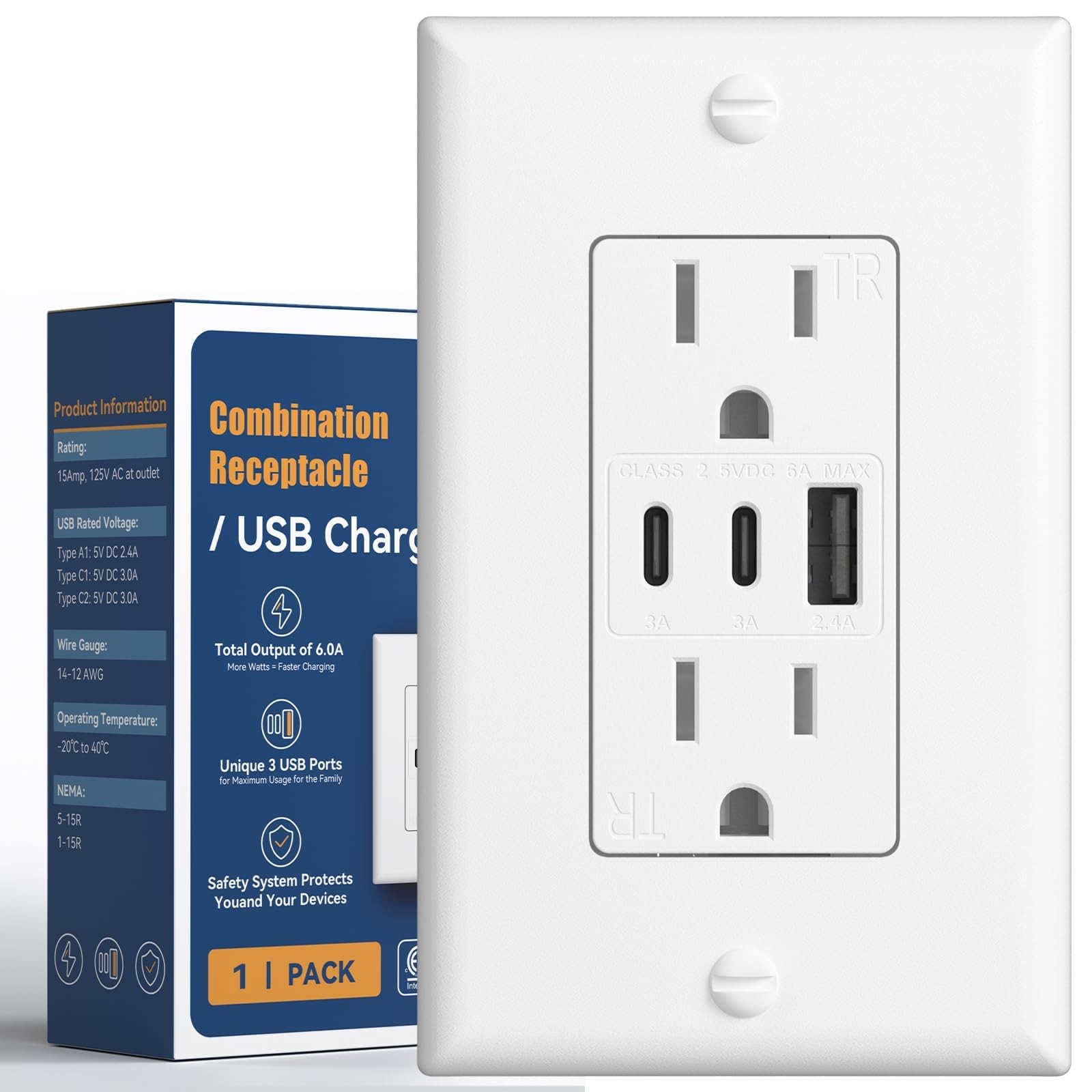 6.0A USB Outlet, 3-Port 30W Wall Outlets with 2 Type C & 1 Type A, 15 Amp Rec...