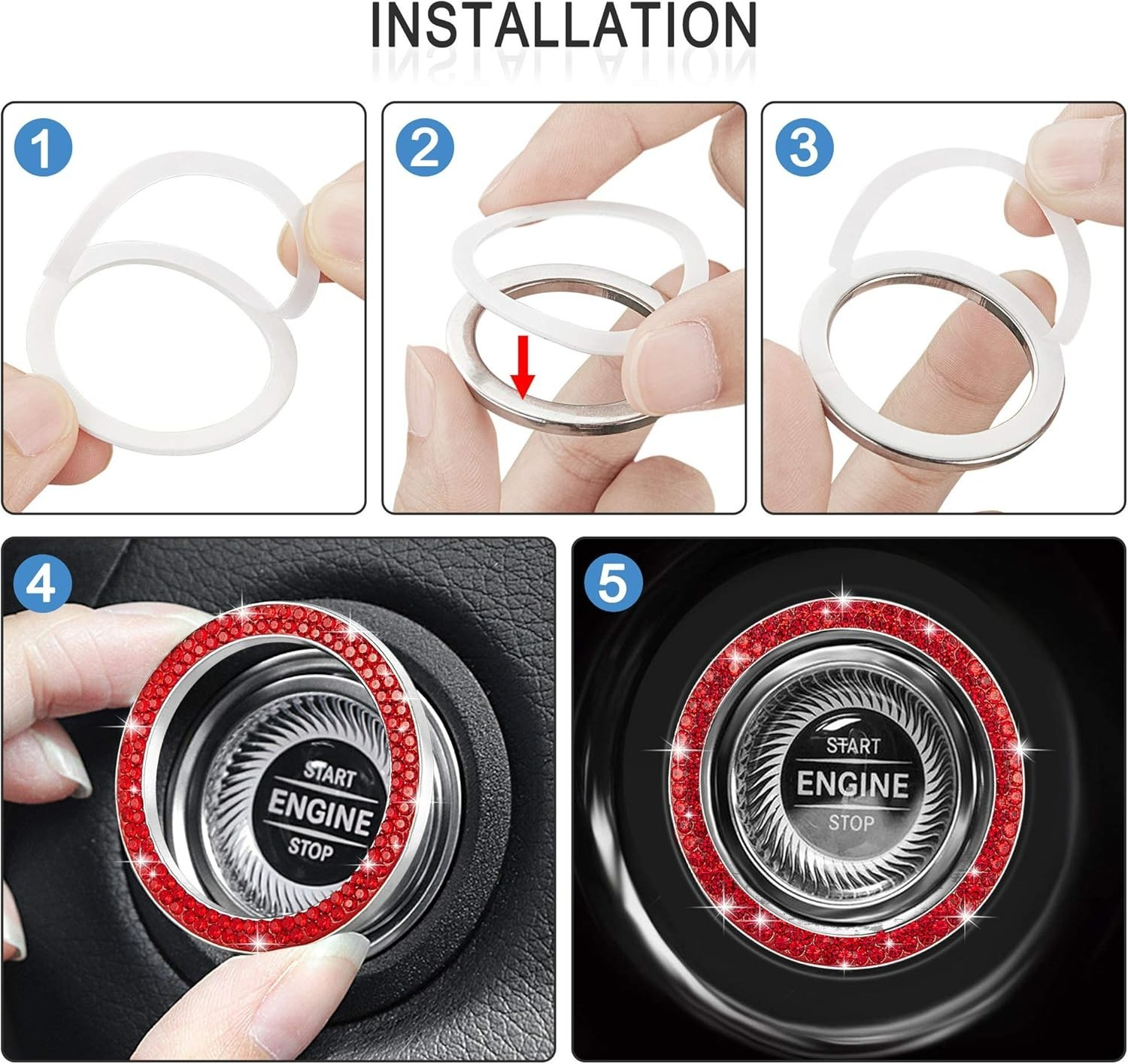 2pcs Bling Car Engine Start Button Cover Diamond Crystal Push Start Stop Butt...
