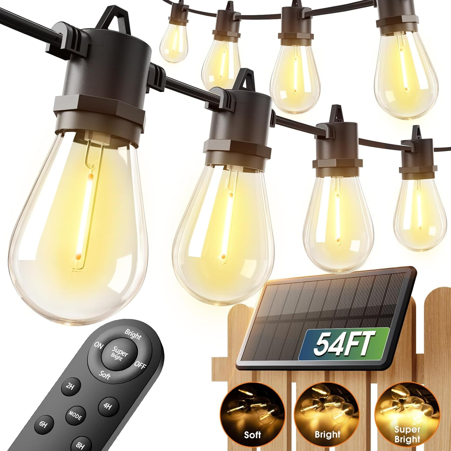 54FT(48+6) Solar String Lights Outdoor Waterproof with USB Charging & Remote Con
