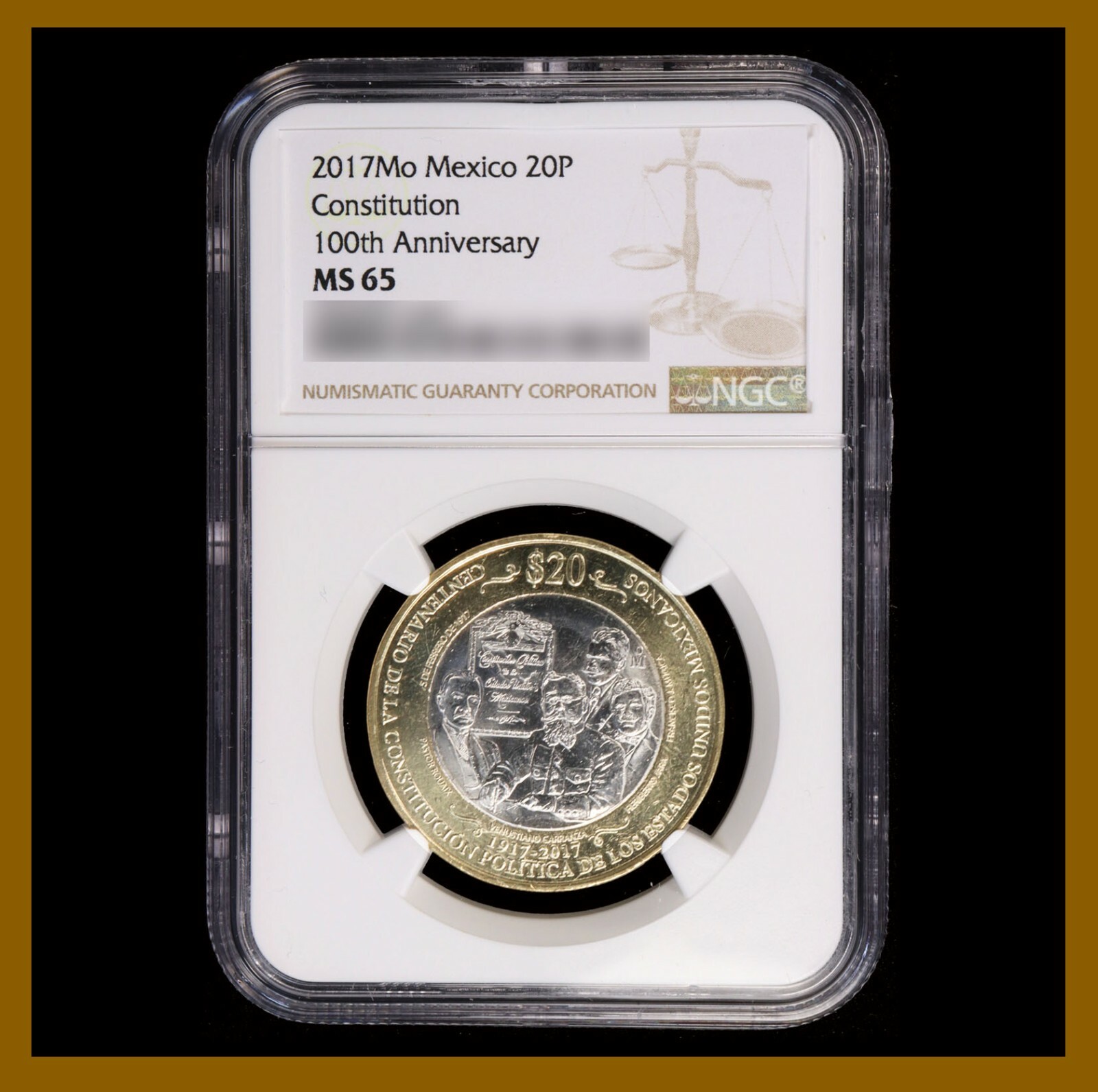 Mexico 20 Pesos Coin, 2017 Bimetallic 100th Anniversary Constitution NGC MS 65