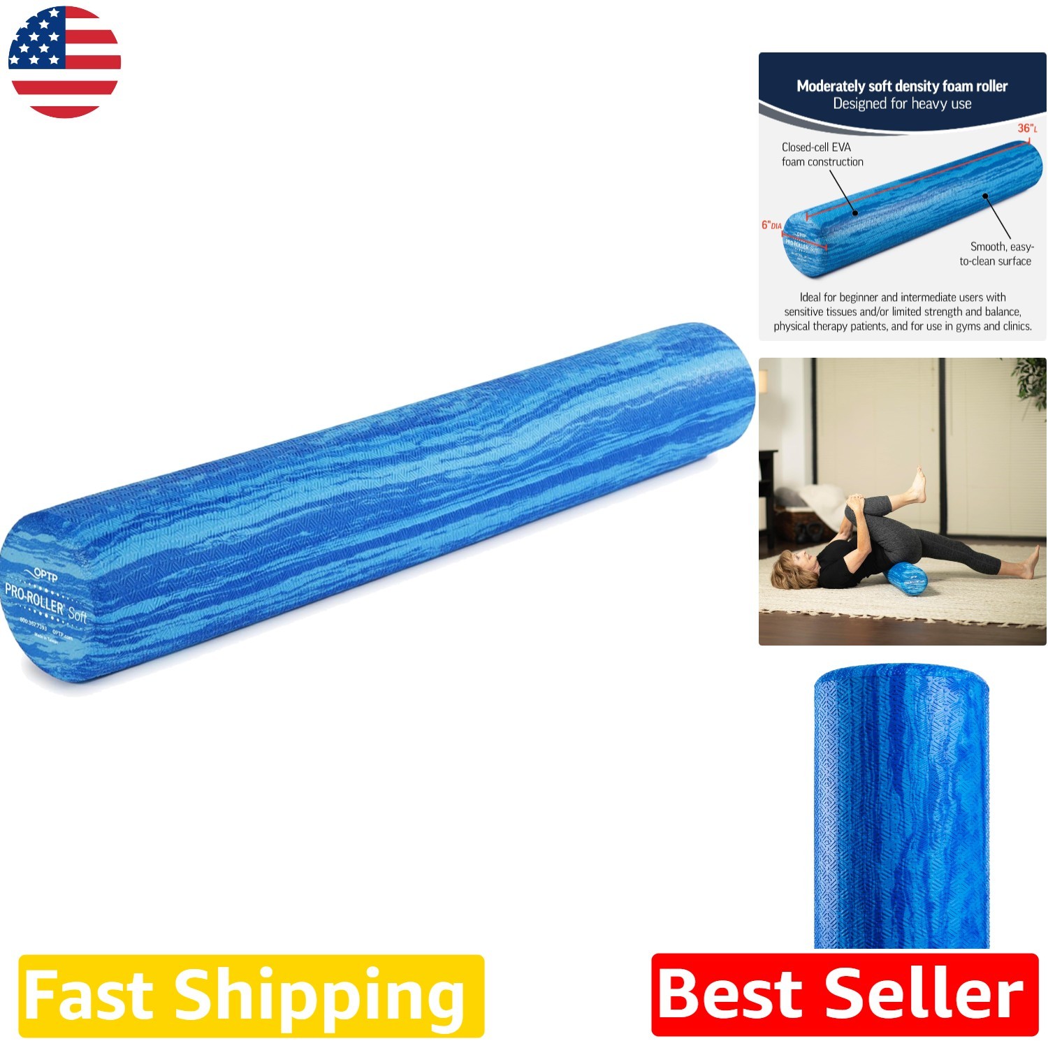 PRO-Roller Soft Foam Roller 36" Blue - Professional Physical Therapy & Yoga M...