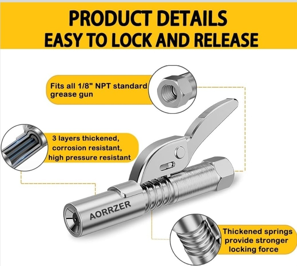 Lock-on Grease Gun Coupler, 12000 PSI Quick Release Compatible w/ 1/8" NPT Gre