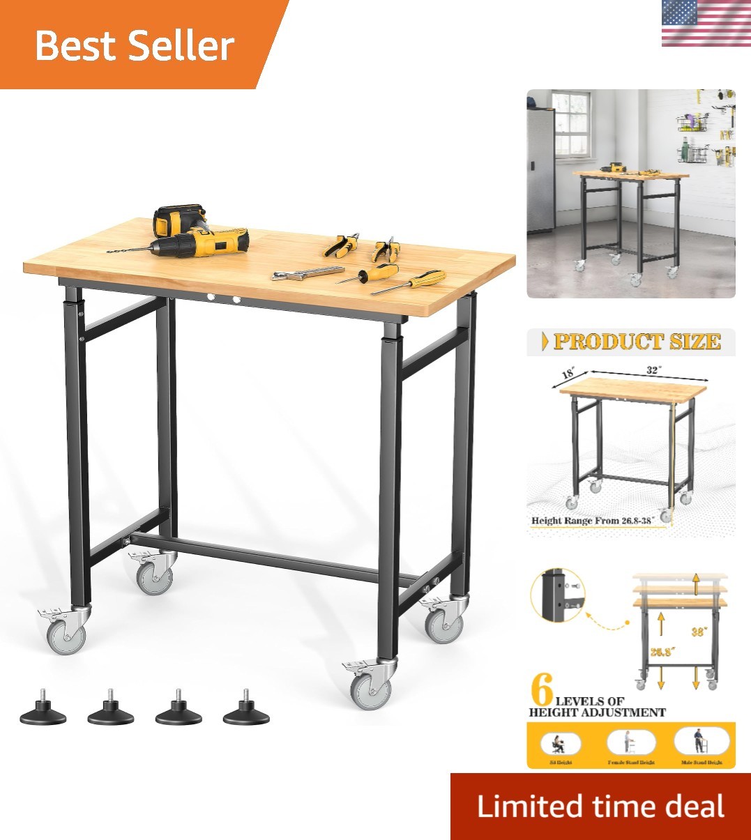 Heavy-Duty Rubberwood Workbench with 360° Wheels - 32" x 18" Adjustable Height