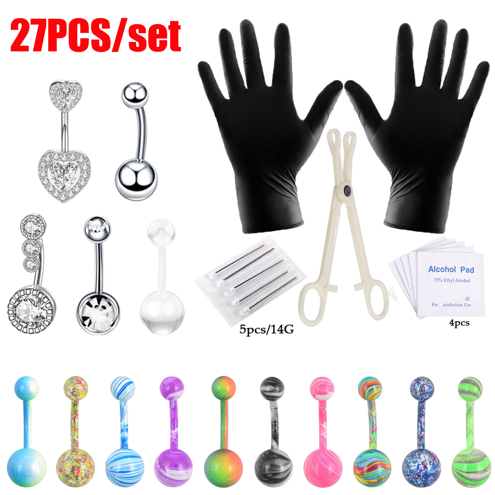 27 Pcs Professional Body Piercing Tool Kit 14G Belly Button Rings Needles Set