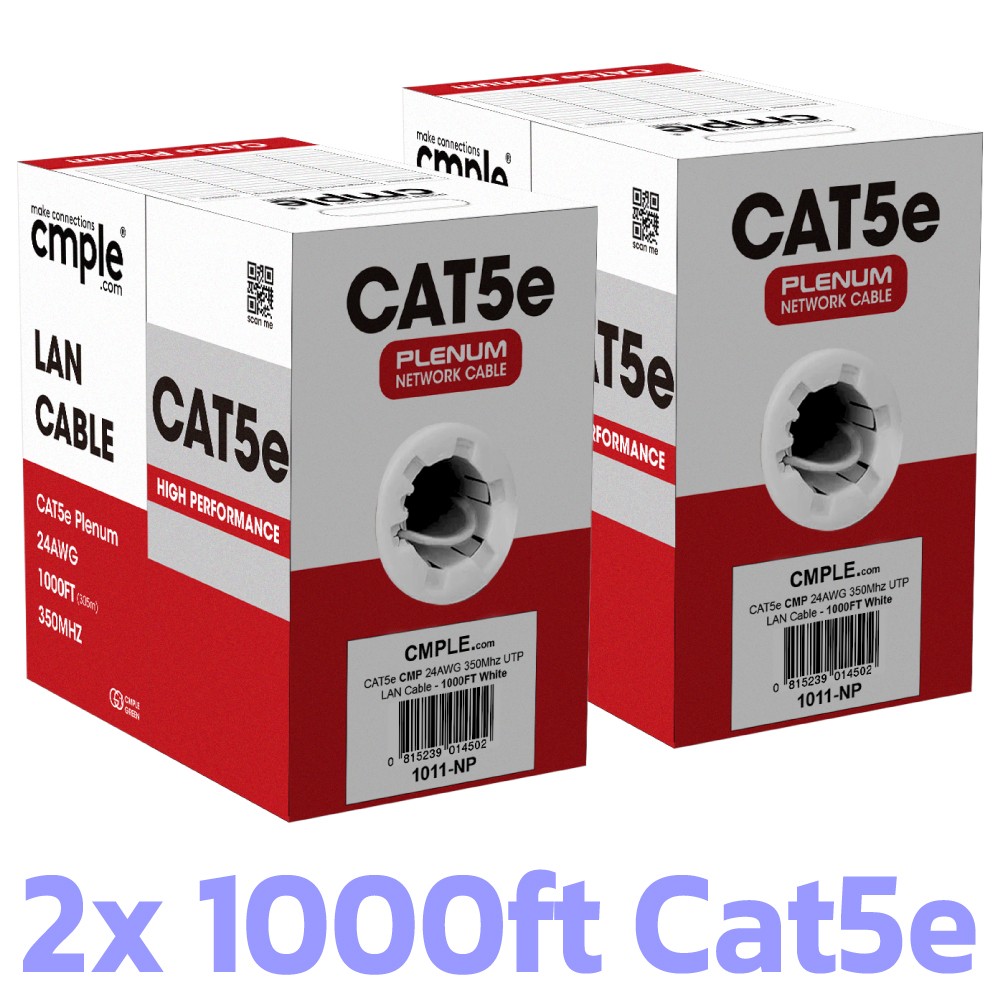 2 Pack Cat5e Plenum Ethernet Cable 1000ft CMP Solid 24AWG UTP High Speed White