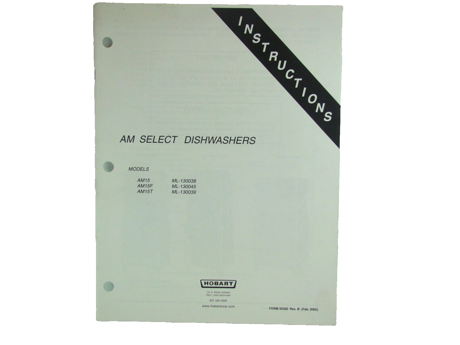 Hobart AM Select Dishwashers Instructions AM15, AM15F, AM15T