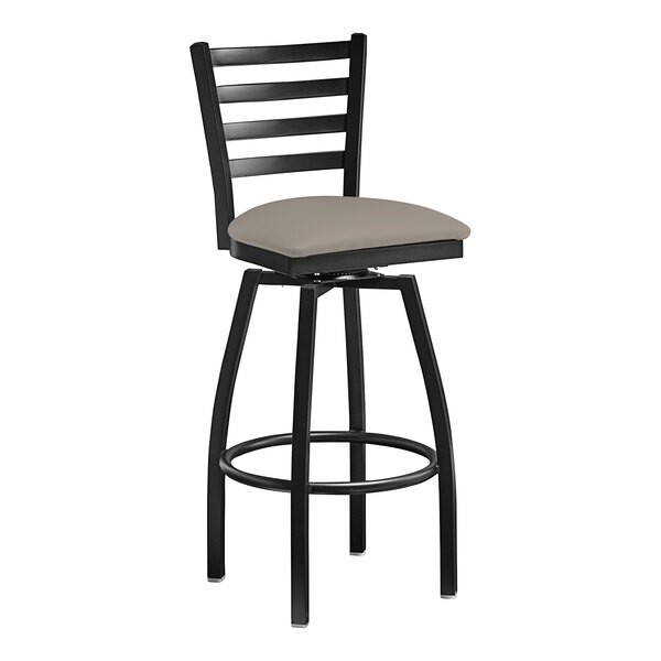 10 PACK Black Ladder Back Swivel Metal Restaurant Barstool With Dark Gray Vinyl