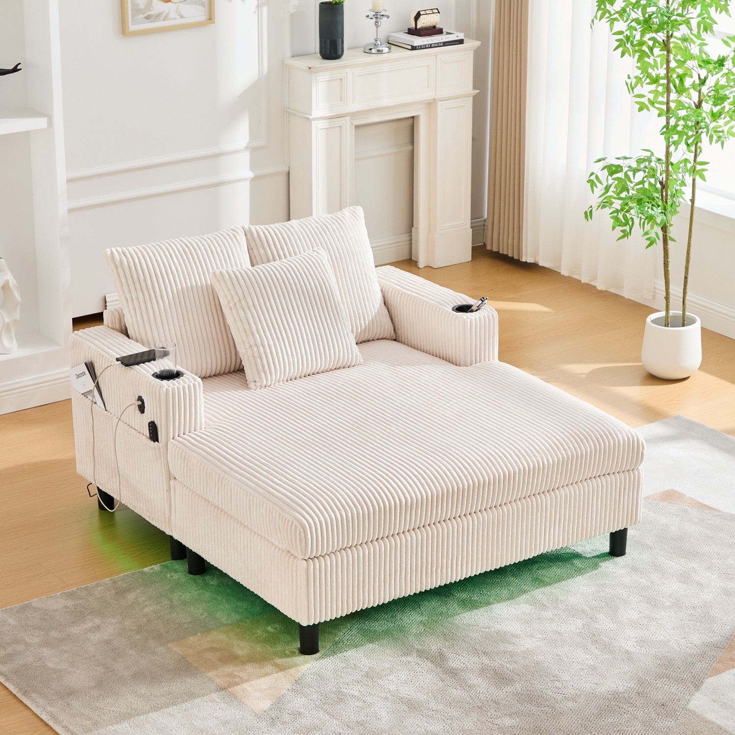 Oversized Corduroy Chaise Lounge Chair w/ USB Ports LED Light Strip & Cup Holder