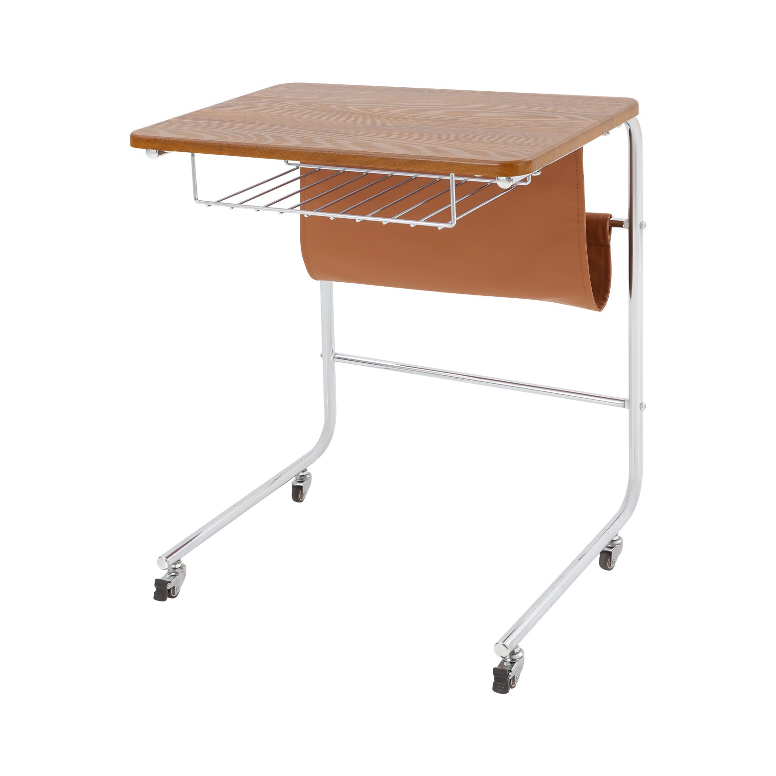 C-shaped End Table With Universal Wheels Sofa Side Table With Pu Storage Bag