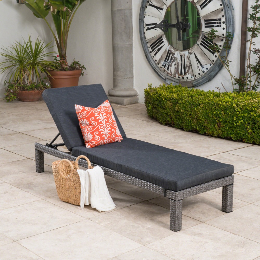 Outdoor Patio Chaise Lounge Cushion Waterproof in Modern Black PE Rattan, 77"