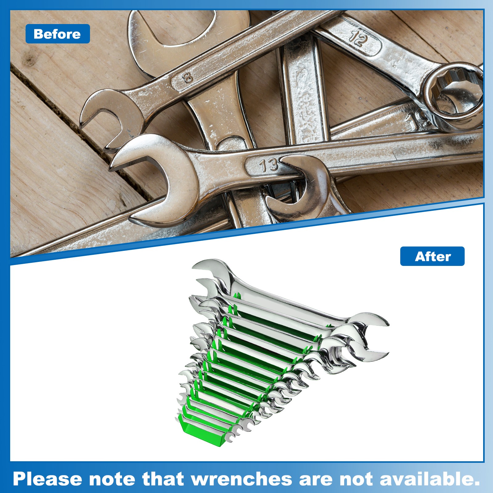 10pcs Metal Wrench Organizer, 130-Slot for SAE & Metric Wrenches, Green