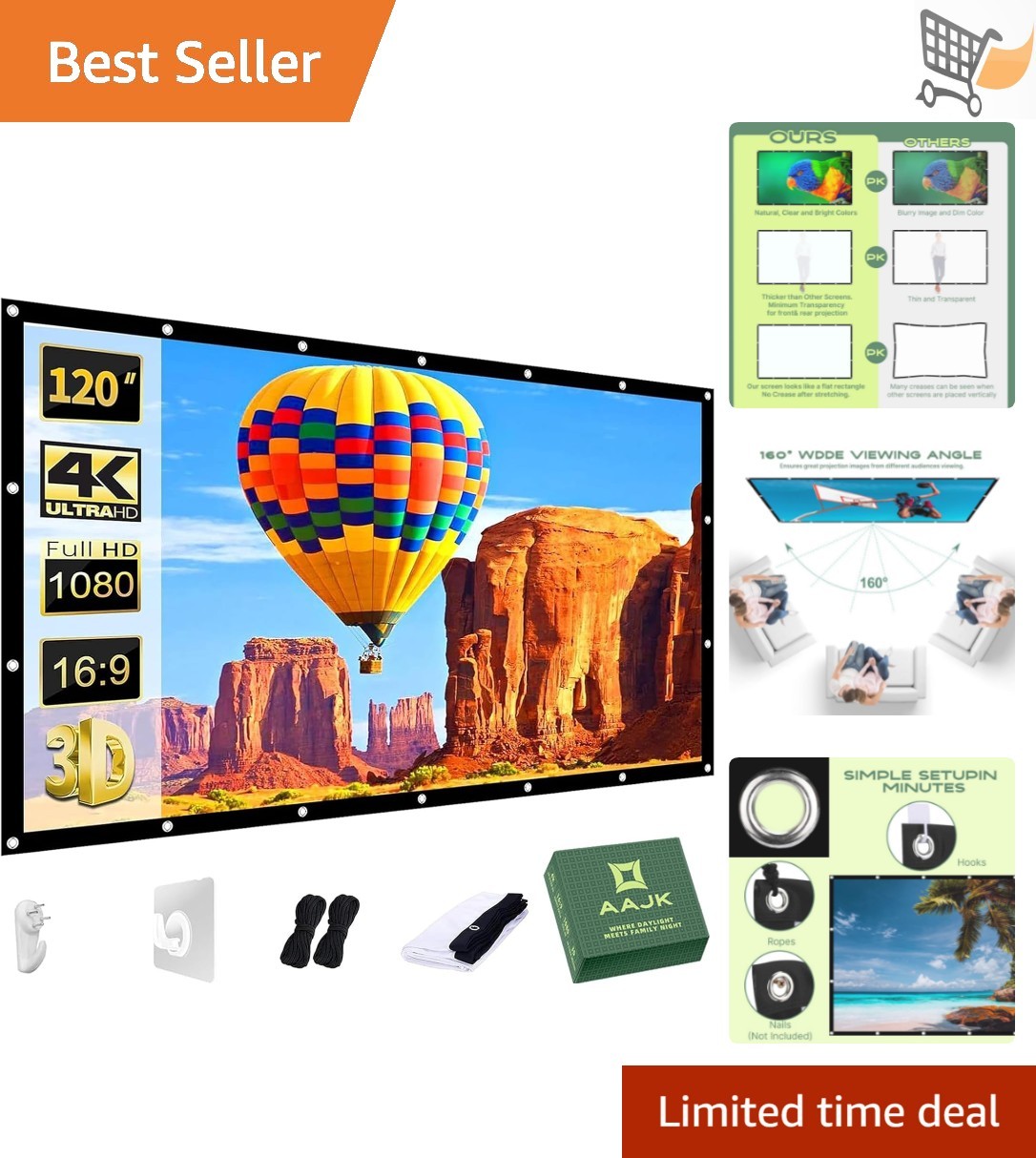 120 Inch Washable Portable Projector Screen Foldable Anti-Crease Indoor Outdoor