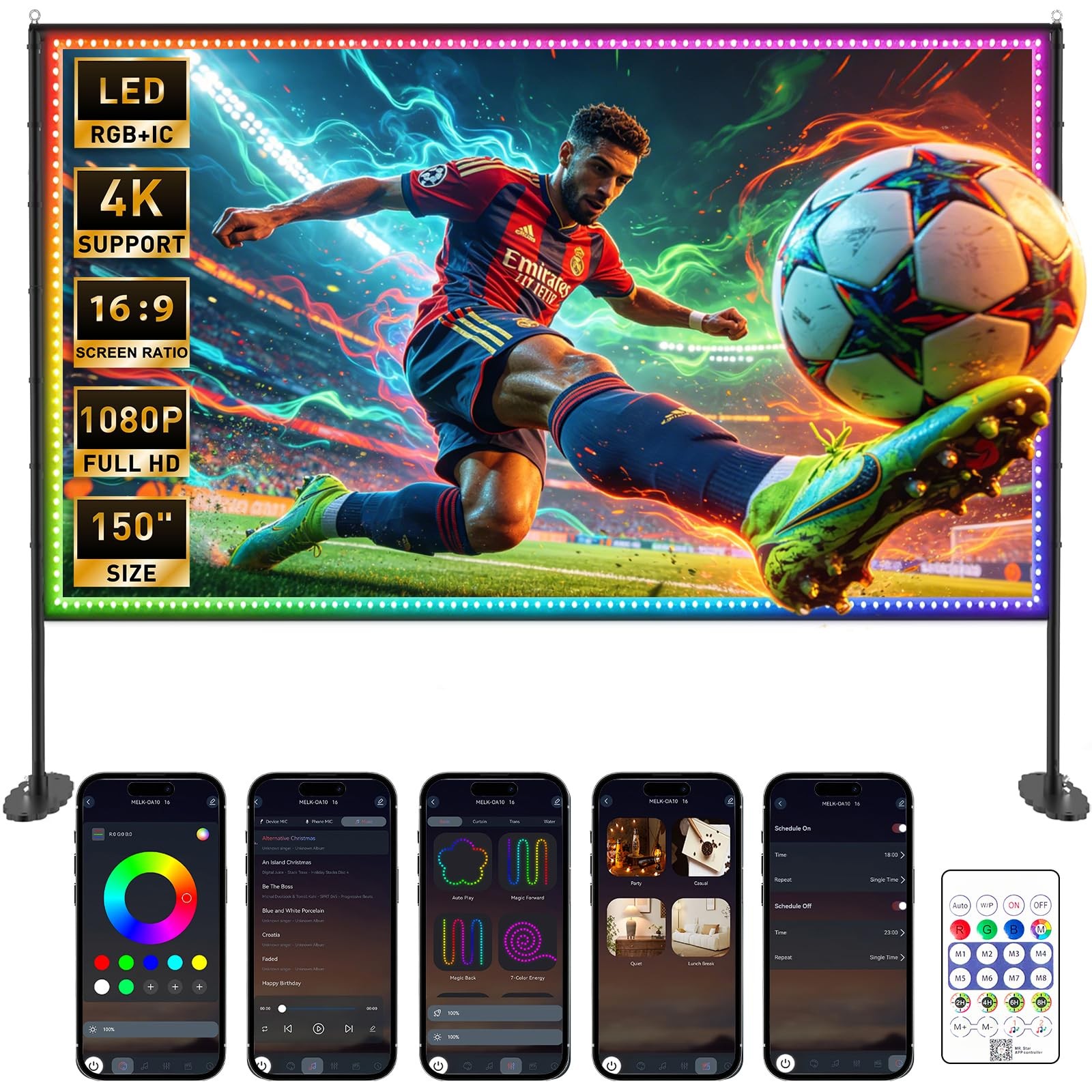 150 inch Projector Screen with Stand, USB String Lights Connection 16:9 4K HD...